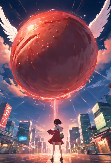 1 large red meat ball,It has huge white wings,((one-eyed)),Hanging in the sky,Look down at the earth,Clouds，the night,The end of the world，terrifed，cinematic ligh，Photo,