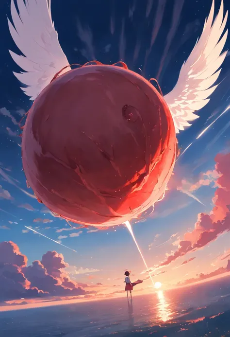 1 large red meat ball,It has huge white wings,((one-eyed)),Hanging in the sky,Look down at the earth,Clouds，the night,The end of the world，terrifed，cinematic ligh，Photo,