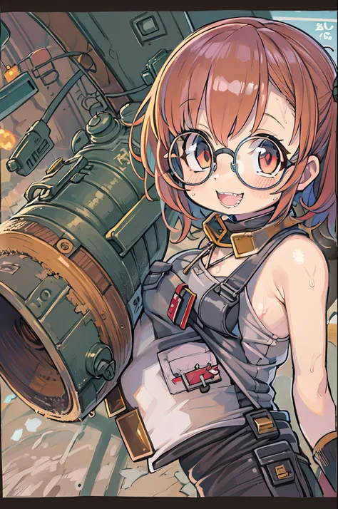 masutepiece, Best Quality, 1girl in, Sharp eyes, Smile,rocket launcher、big round glasses,camisole