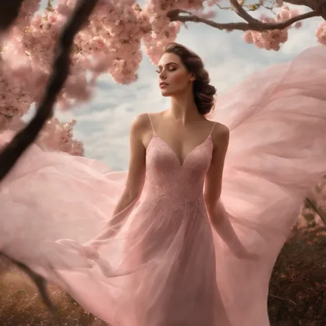 A woman in a light pink dress standing in a cherry forest, Artgerm, paisagem realista, Artgerm detalhado, olhos perfeitos, rosto perfeito, Ultra Detalhado, tiro de corpo inteiro, (Skindentation: 1.5), realista, realista, (obra-prima: 1.5), arte conceitual,...