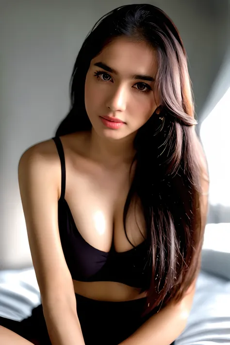 Angel,  as a sexy TikTok influencer, (sitting on a bed), modelshoot style, (extremely detailed CG unity 8k wallpaper), photo of the most beautiful artwork in the world, professional majestic (photography by Steve McCurry), 8k uhd, dslr, soft lighting, high...