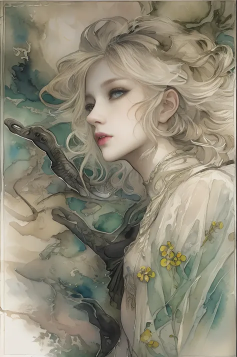 Top image quality、​masterpiece、watercolor paiting、Vivid coloring、Arthur Rackhams style、Aerial perspective、thirds rule、Bewitching、Decadent、Norse man１People Beautiful Girl、slightly smaller eyes、Pretty small face、Light makeup、Platinum blonde short hair、middle...