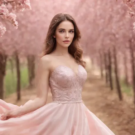 A woman in a light pink dress standing in a cherry forest, Artgerm, paisagem realista, Artgerm detalhado, olhos perfeitos, rosto perfeito, Ultra Detalhado, tiro de corpo inteiro, (Skindentation: 1.5), realista, realista, (obra-prima: 1.5), arte conceitual,...