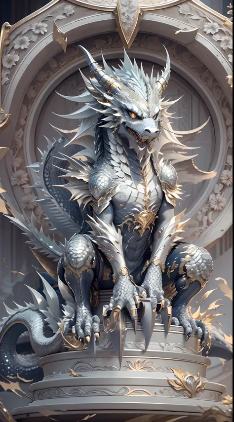 [Silver Dragon] [glittery], [Precise, Thin edges], [Meticulous, Surgical precision]，Sit on a marble throne。