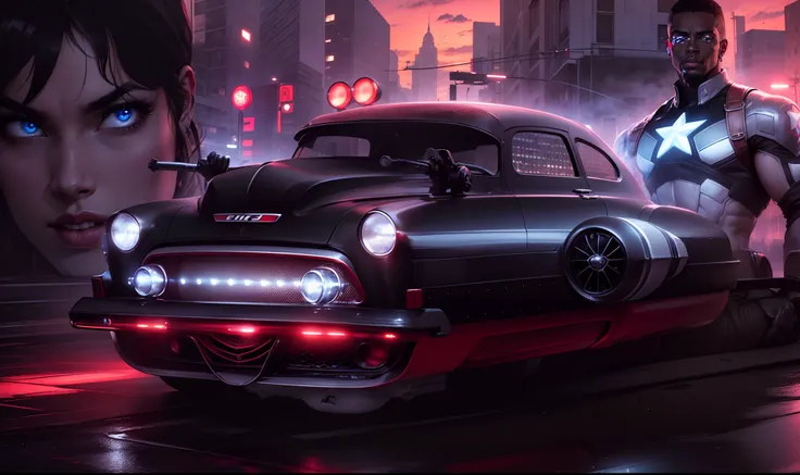 Um carro hover (((Preto Brilhante))) Chevy 50 potente no primeiro plano, behind there is a beautiful woman with blue eyes and red lips and on the other side the white Captain America of Eurasia and buildings in the background with the sunset and neon light...