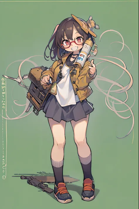 masutepiece, Best Quality, 1girl in, Sharp eyes, Smile,rocket launcher、big round glasses,Camisole、Jagged teeth