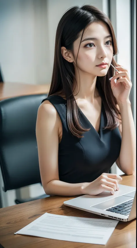 (A girl,woman,employee) At work,Crawl towards you,Beautiful detailed eyes,beautiful detailed lips,Extremely detailed eyes and face,Long eyelashes,(Office,workplace) environment,Professional attire,Confident expression,Engagement pose,(desk,Table) Bring fil...