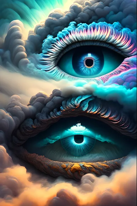 eye in the middle of a cloud of volcano smoke, Volcano erupting with eye on top, tons de azul, arte digital inspirada em Cyril Rolando, surrealismo, Portrait of a giant eye in the smoke of a volcano, mystic eye, nuvem de fumo com um olho, surrealismo