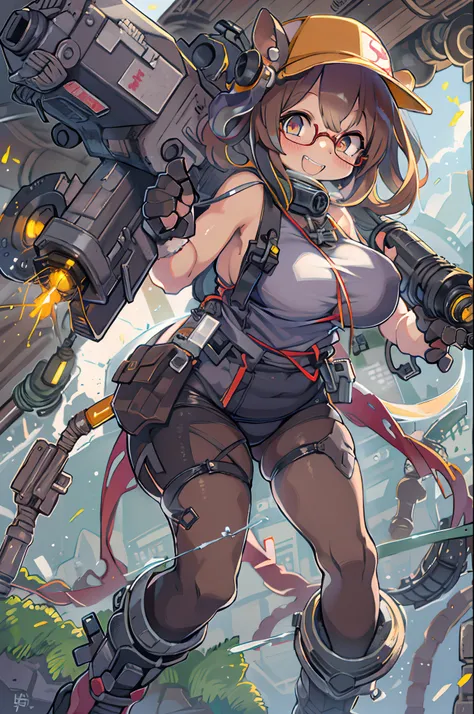 masutepiece, Best Quality, 1girl in, Sharp eyes, Smile,rocket launcher、big round glasses,Camisole、Jagged teeth