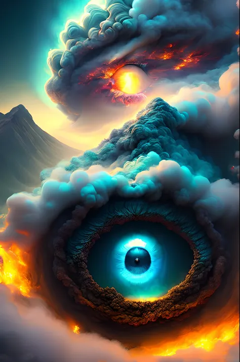 eye in the middle of a cloud of volcano smoke, volcano erupting with eye on top, tons de azul, arte digital inspirada em cyril r...