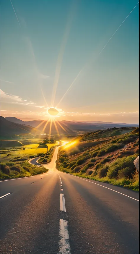 Image of a long and winding road，Bright light leading to the horizon,bright morning，suns rays