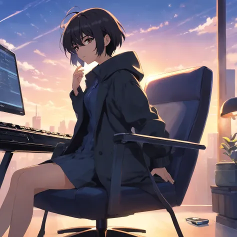 Master Parts, schnauzer, matrix style, Black coat, Type with the keyboard, Sitting in a chair in front of a PC, Lunette de soleil, Dynamic Angle, Best Quality, 4K,