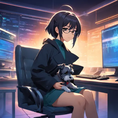 Master Parts, schnauzer, matrix style, Black coat, Type with the keyboard, Sitting in a chair in front of a PC, Lunette de soleil, Dynamic Angle, Best Quality, 4K,