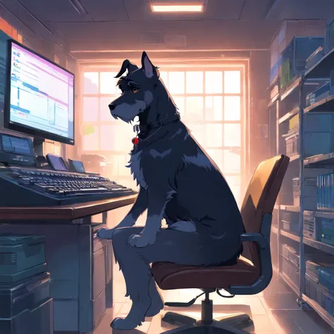 Master Parts, schnauzer, matrix style, Black coat, Type with the keyboard, Sitting in a chair in front of a PC, Lunette de soleil, Dynamic Angle, Best Quality, 4K,