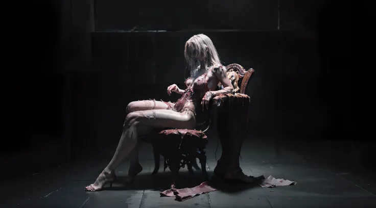 Decomposing woman dressed in thong latex leotard sitting on a throne, in the center of an empty room, alone, ominous atmosphere, dark ambient, horror movie, cinematic, dramatic lights, ultra detailed, photorealistic, masterpiece.