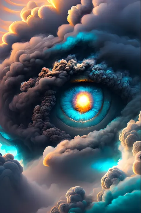 eye in the middle of a cloud of volcano smoke, Volcano erupting with eye on top, eye on top of a volcano, tons de azul, arte digital inspirada em Cyril Rolando, surrealismo, Portrait of a giant eye in the smoke of a volcano, mystic eye, nuvem de fumo com u...