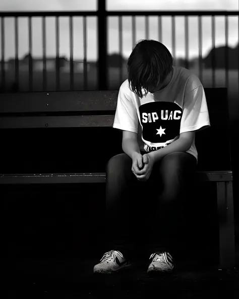 Arafed boy sitting on a bench with his hands in his pockets, hombre triste, Retrato de adolescente deprimido, sad depressed expression, pensativo solitario, Solitario y triste, sad mood, disgustado, Sentado en el banco, Sentado en un banco, sit on a bench,...