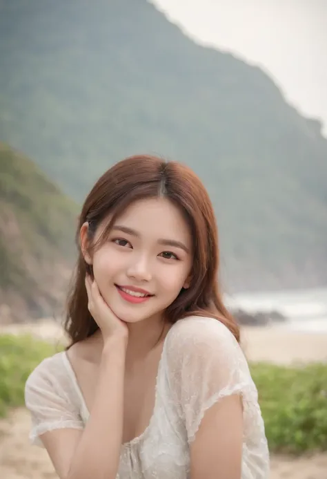 female high-school student、selfee、Best image quality and ultra-high resolution、Images become more realistic (Realism: 1.4), make the face blush, Cute, the details show the face smile,the beach、A smile that showed teeth、The upper part of the body