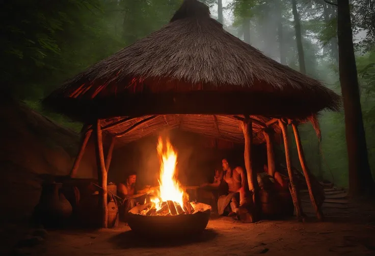 Tribal Drevlians hut fires wood on the roof