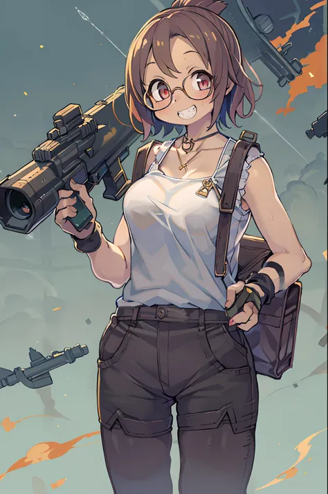 masutepiece, Best Quality, 1girl in, Sharp eyes, Smile,rocket launcher、big round glasses,Camisole、Jagged teeth