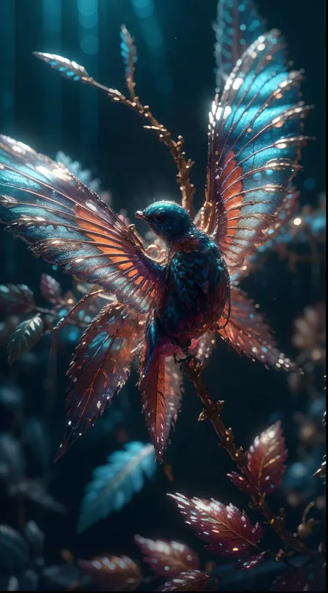 Close-up, a falling leaf, wings made of foil, white gold, reflective cyan, highly detailed, sacred, sky, natural light,clean, cinematography, best picture quality