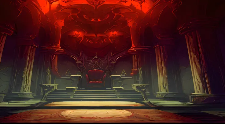 a red throne with a red light shining on it, decadent throne room, throne room, exquisitely designed throne room, in a throne room, rustic throne room, diablo digital concept art, diablo concept art, evil lair, an evil villains lair, the glowing throne, dr...