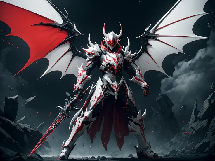 (Demon Lucifer in a Warframe style armor with a black sword), (White and red color scheme with yellow linings), (White armor with red trim, Three pair of horns with black bat wings), metallic coating, (thunderous sky at night background), centered, (full b...