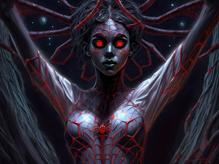 a picture of an sexy beautiful female human spider (animorph:1.5) standing under the starry night sky at the dark forest, full body(ultra detailed, Masterpiece, best quality), ultra detailed face (ultra detailed, Masterpiece, best quality), ultra feminine,...