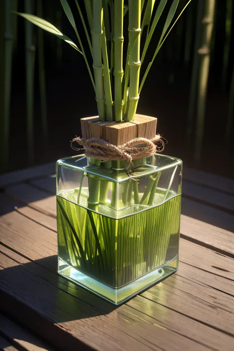 315 ml zen 4 green bamboo with bamboo leaves attached eau de parfum is sitting on top of green rock, in the style of detailed pen strokes, rich and immersive, poignant symbolism, cerith wyn evans, environmentalism, franz west, frank quietly, clear backgrou...