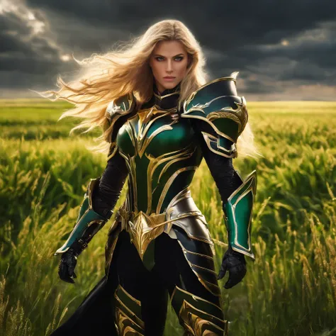 (1girl), wearing a heavy knight armor, dark armor, intricate black and gold armor details, intricate beautiful green fields, legendary, futuristic, saint seiya, long blonde hair, muscular, power pose, highly detailed background, fire in the eyes, aura powe...