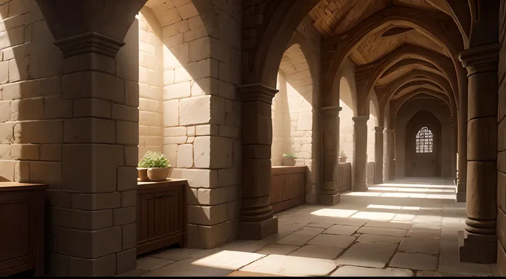 indoors medieval stone hall, narrow corridor, fantasy style