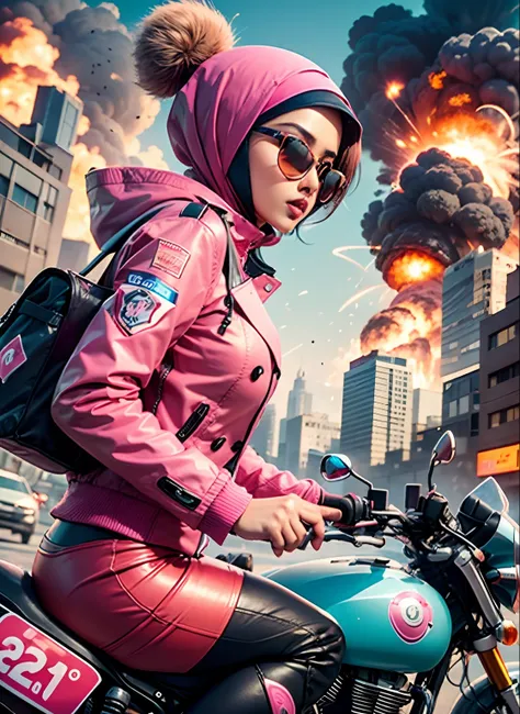 Slim and Medium breasted malay woman in hijab with pink jacket, pink food delivery motorcycle, foodpanda delivery, panda emblem at delivery box, pink delivery box, (foodpanda), sunglasses, sci-fi, with gun, explosions behind, lot of explosion, dramatic sce...