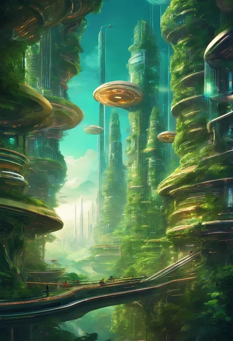 An intricate digital painting depicting a futuristic city nestled in a lush, bio-engineered forest. The city seamlessly integrates with nature, featuring vertical gardens, cascading waterfalls, and floating walkways, creating a harmonious coexistence betwe...