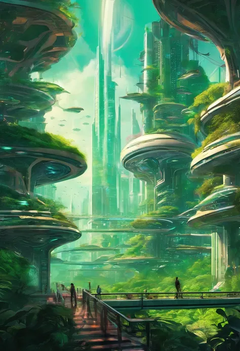 An intricate digital painting depicting a futuristic city nestled in a lush, bio-engineered forest. The city seamlessly integrates with nature, featuring vertical gardens, cascading waterfalls, and floating walkways, creating a harmonious coexistence betwe...