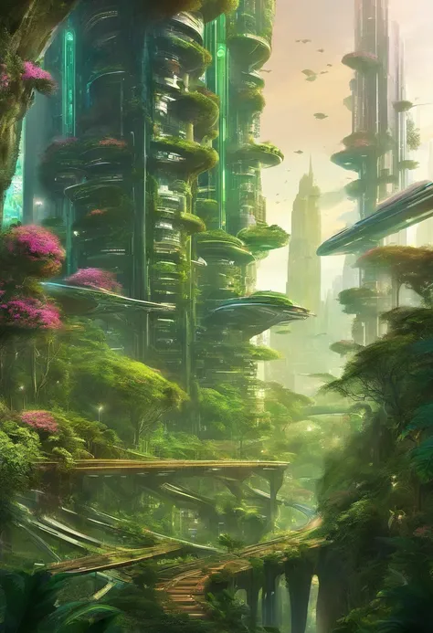 An intricate digital painting depicting a futuristic city nestled in a lush, bio-engineered forest. The city seamlessly integrates with nature, featuring vertical gardens, cascading waterfalls, and floating walkways, creating a harmonious coexistence betwe...