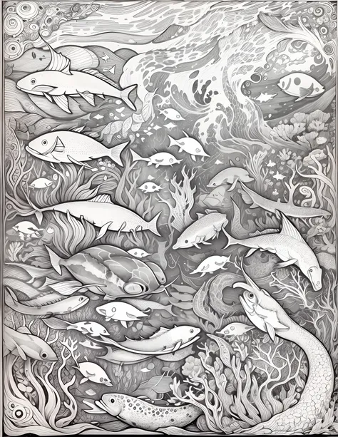 "Design a delightful black-and-white adult coloring book page filled with whimsical, cartoon-style ocean doodles. Ensure the entire page is covered with charming underwater creatures, playful waves, and maritime objects. The design should feature a clean b...