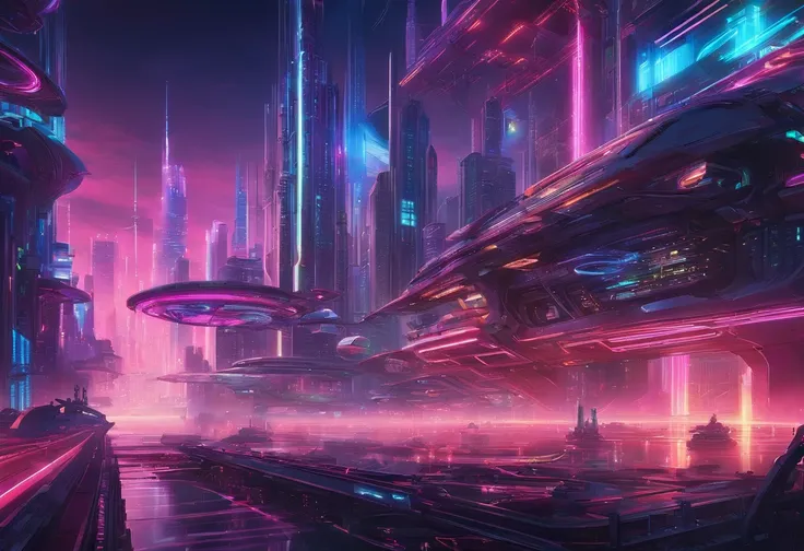 A neon-lit cityscape at night, showcasing a futuristic metropolis bustling with activity. The buildings are adorned with dazzling LED displays, futuristic transportation systems glide above, and AI-controlled drones zip through the sky.