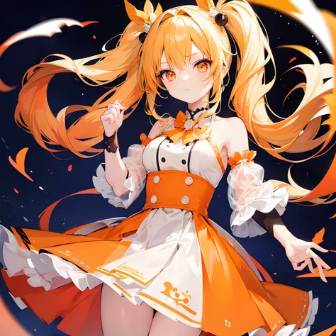 anime girl,long blonde hair styled into twin tails,orange eyes,wearing orange j-pop idol dress