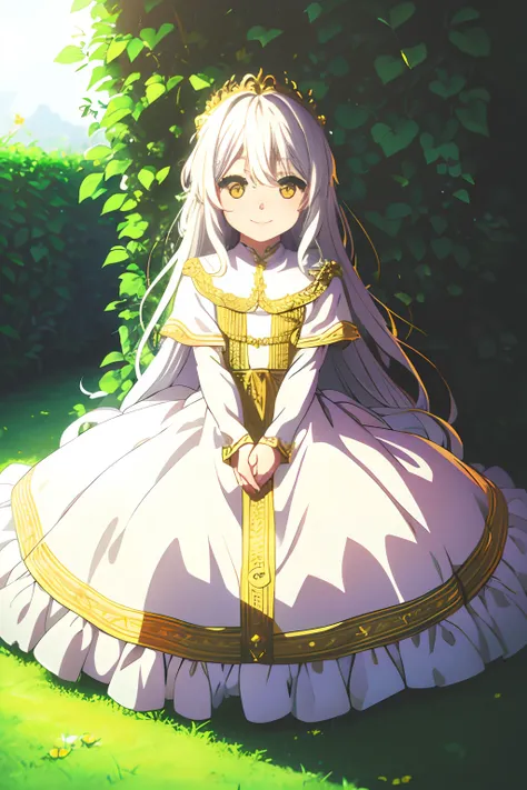 masterpiece, best quality,detailed skin,detailed face,fantasy,colorful,looking at viewer,solo,1girl,(child),smile,long straight hair,(golden eyes),(white hair),Eyes like jewels,Classic long dress,white dress,sun,garden，animate