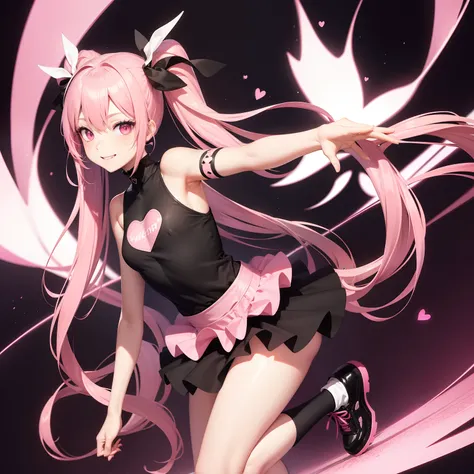 full body Esbian, masutepiece: 1.2, Highest Quality), (Live-action, elaborate details), (1 Lady, Solo, Upper body,) Clothing: Edgy, Black long jumper, pink miniskirt, long hair with pink twin tails,,,,,、Avant-garde, Experimental appearance: Long pink twin ...