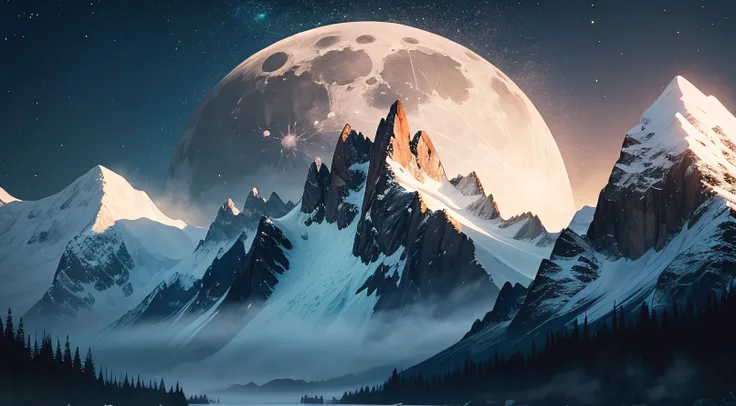 Mountains with a full moon hanging at night