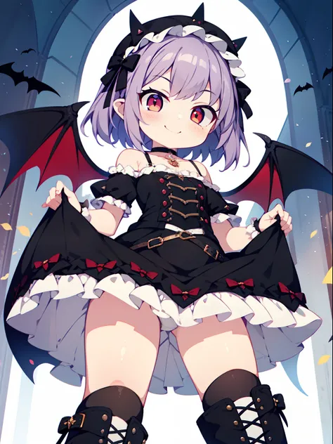 Colorful , masutepiece, Best Quality, 1girl in, loli, purple hair, middle hair, spike hair, Evil Female Executive, Goth Lolita Costume, a miniskirt, White stockings, Large red ribbon, a choker, White inner, black clothes, Sadistic smile, evil smile, bkack ...