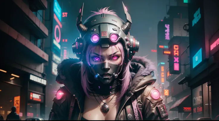 (((Cyberpunk))), female, girl wearing a ((oni helmet)), futuristic, exhausts, pipes connected to helmet, filters, pink led, white hairs, oni face mask, glowing eyes