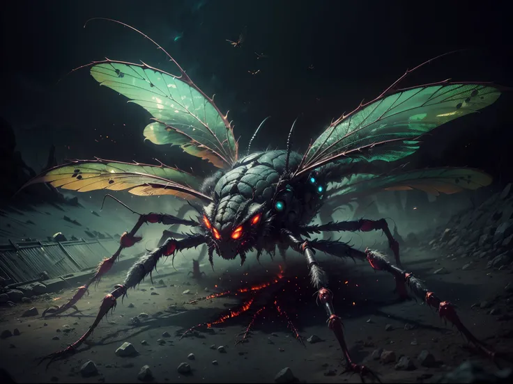 (best quality,4k,8k,highres,masterpiece:1.2),ultra-detailed,(realistic,photorealistic,photo-realistic:1.37),gigantic insect-like monster,shiny chitin layer,8 legs,sharp teeth,sharp sting,spike at the end of each leg,flying,4 dragonfly wings,big glowing eye...