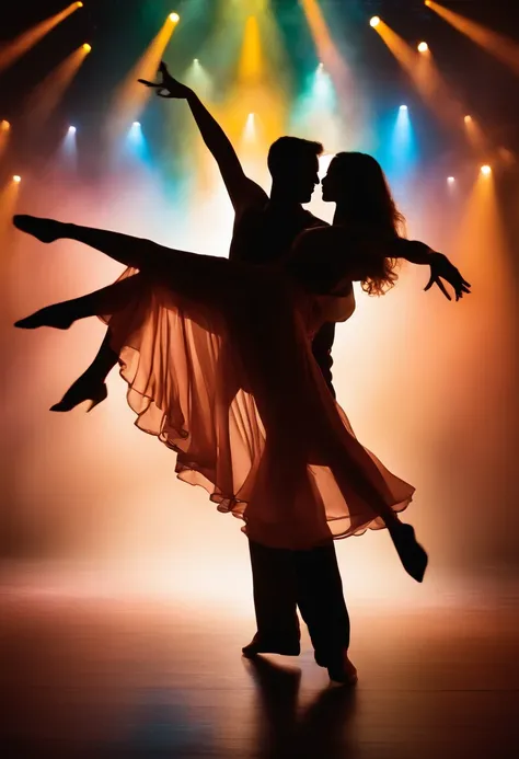 Dance Art Festival, with silhouette of a couple dancing on a stage illuminated by various lights with colorful hue.