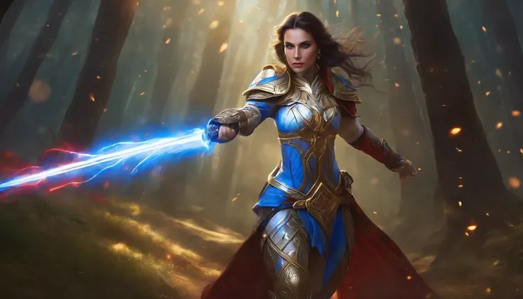 full body portrait of A beautiful warcraft elf woman, hero pose, dark brown hair, wearing gold blue white armor, floating red blue white lightsabers,  charging through battlefield