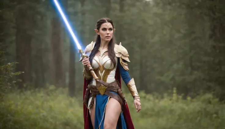 full body portrait of A beautiful warcraft elf woman, hero pose, dark brown hair, wearing gold blue white armor, floating red blue white lightsabers,  charging through battlefield