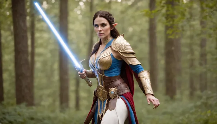 full body portrait of A beautiful warcraft elf woman, hero pose, dark brown hair, wearing gold blue white armor, floating red blue white lightsabers,  charging through battlefield