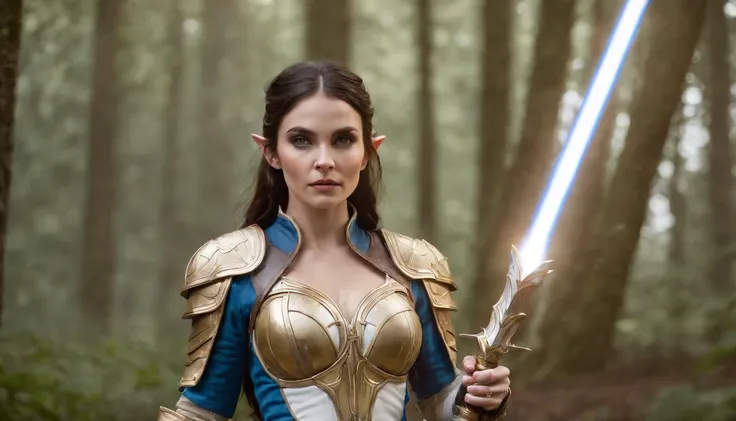 full body portrait of A beautiful warcraft elf woman, hero pose, dark brown hair, wearing gold blue white armor, floating red blue white lightsabers,  charging through battlefield