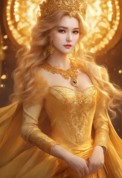 girl, Flowing golden blonde hair, Yellow eyes, Golden Imperial Costume, neckline, animesque,